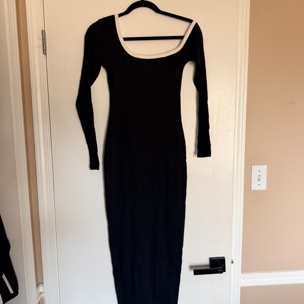 Black Asymmetric Midi Dress with White Trim Neckline